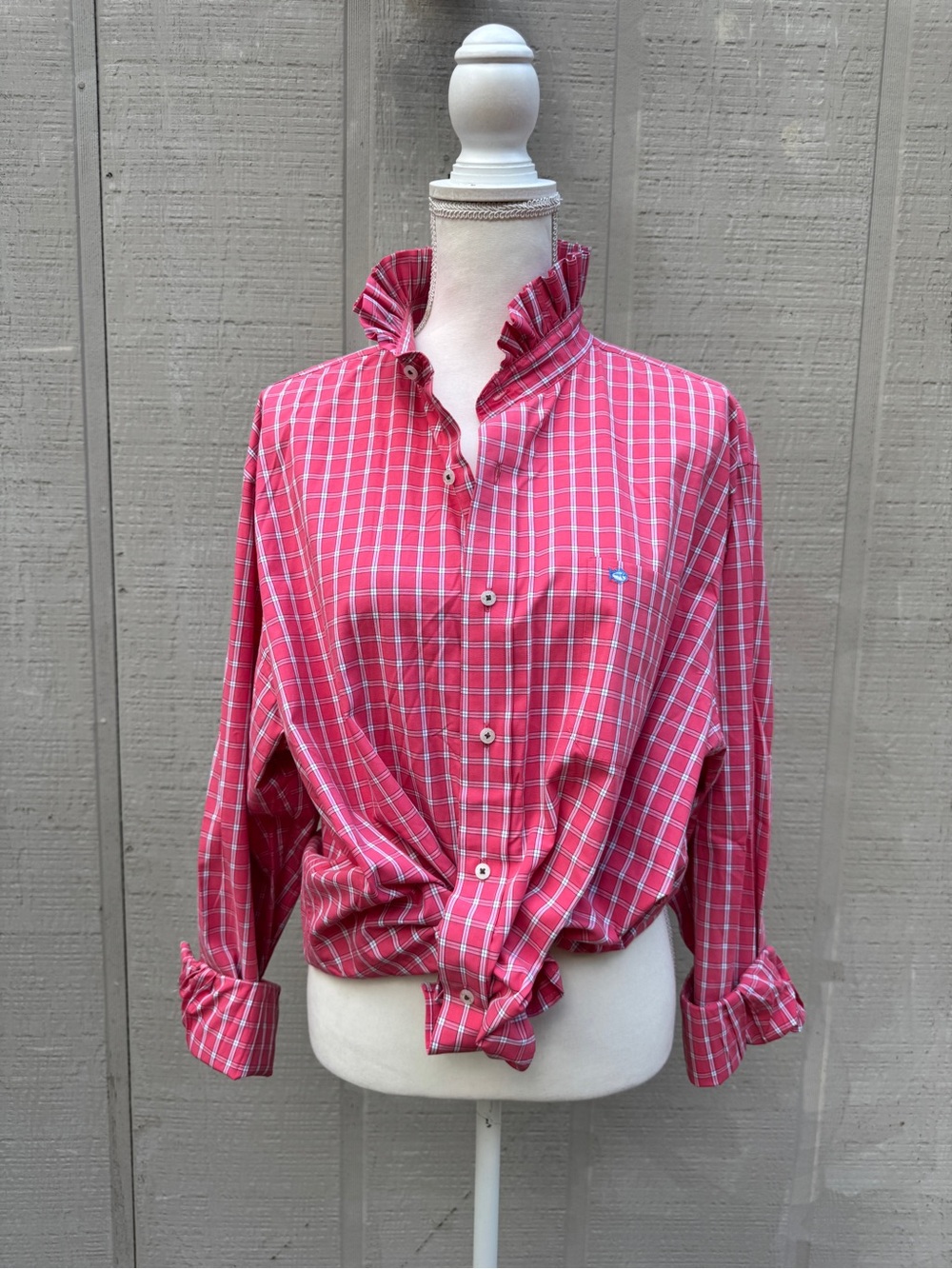 Southern Tide Pink Plaid Refashioned Ruffle Collar Cropped Button-Down Shirt